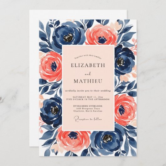 Invitation Navy Salmon Painterly Spring Wedding (Devant / Derrière)