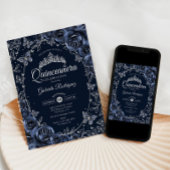 Invitation Navy Silver Butterflies Roses Quinceanera