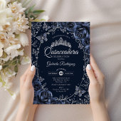 Invitation Navy Silver Butterflies Roses Quinceanera