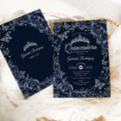 Invitation Navy Silver Butterflies Roses Quinceanera