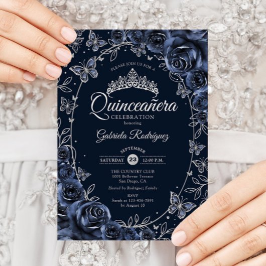 Invitation Navy Silver Butterflies Roses Quinceanera