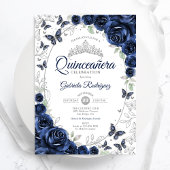 Invitation Navy Silver Floral Quinceanera