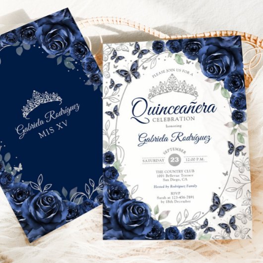 Invitation Navy Silver Floral Quinceanera