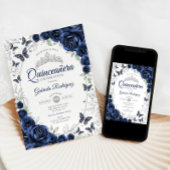 Invitation Navy Silver Floral Quinceanera