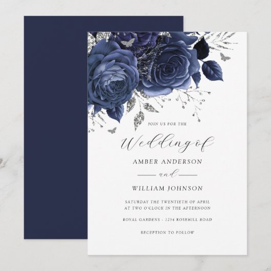 Invitation Navy Silver Floral Rose Wedding   (Devant / Derrière)