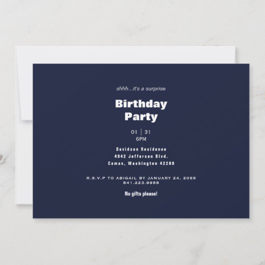 Invitation Navy Simple Surprise 50e fête d'anniversaire (Dos)