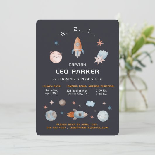 Invitation Navy Space | Galaxy Rocket Theme (Debout devant)