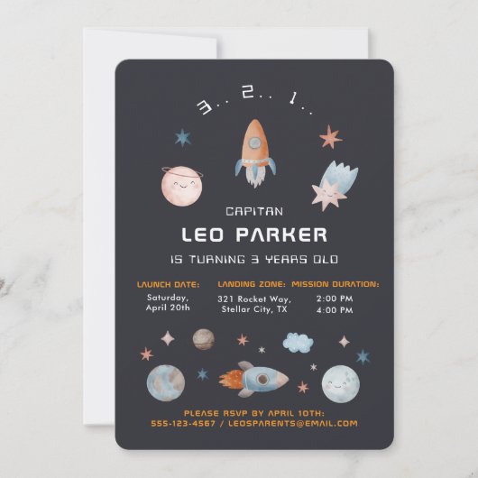 Invitation Navy Space | Galaxy Rocket Theme (Devant)