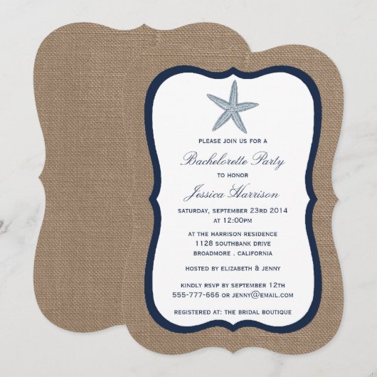 Invitation Navy Starfish Beach Burlap Bachelorette Party (Devant / Derrière)