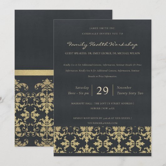 INVITATION NAVY VELVET GOLD DAMASK ÉVÉNEMENT D'ATELIER CLASSI (Devant / Derrière)