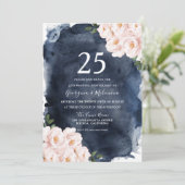 Invitation Navy Watercolor Blush Floral 25e Anniversaire (Debout devant)
