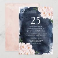 Navy Watercolor Blush Floral 25e Anniversaire