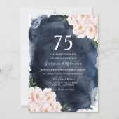 Invitation Navy Watercolor Blush Floral 75th birthday Party (Devant)