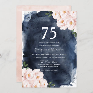 Invitation Navy Watercolor Blush Floral 75th birthday Party
