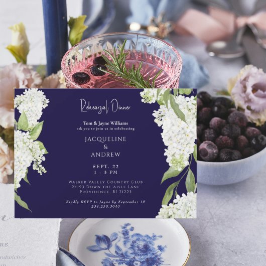 Invitation Navy White Hydrangeas Rehearsal Dinner
