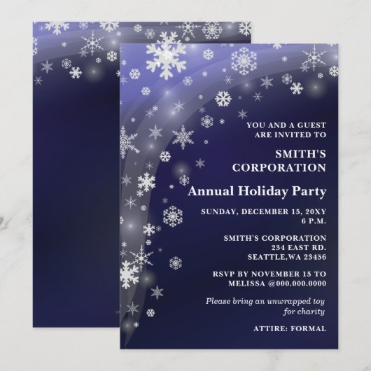 Invitation Navy White Snowflakes Corporate Holiday Party (Devant / Derrière)