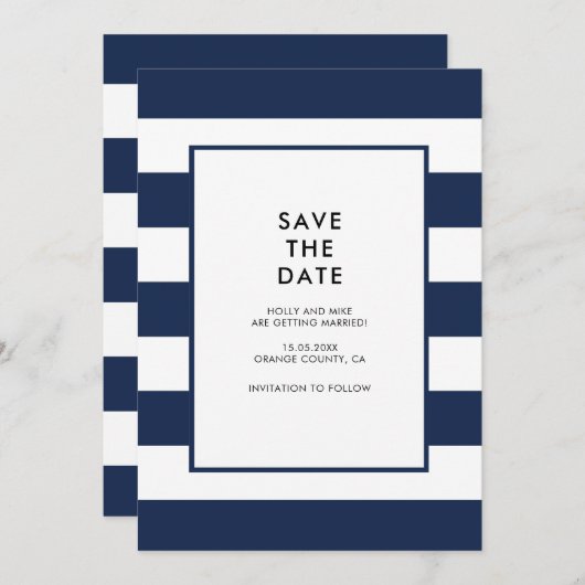 Invitation Navy White Stripes Chic Simple Moderne Minimal (Devant / Derrière)