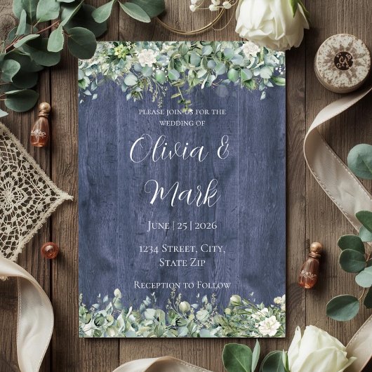 Invitation Navy Wood Eucalyptus White Floral Wedding