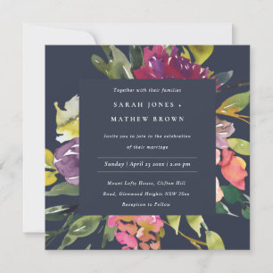 INVITATION NAVY YELLOW BLUSH BURGUNDY FLORAL BUNCH WEDDING