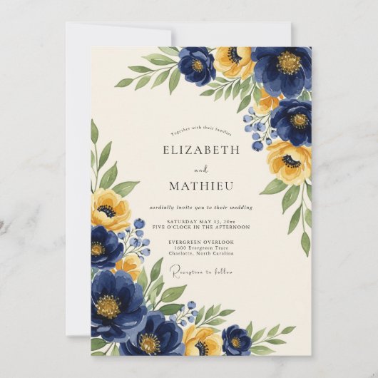 Invitation Navy Yellow Classic Botanical Wedding (Devant)
