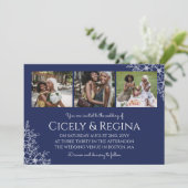 Invitation Navye Blue White Floral Photo Collage Mariage (Debout devant)