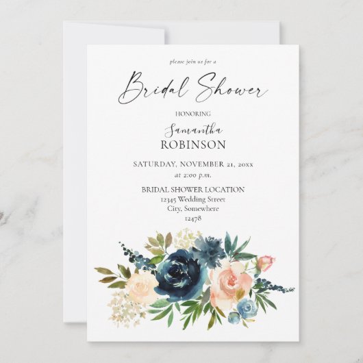 Invitation Nayv, Dusty Blue & Blush Pink Floral Fête des mari (Devant)