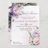 Invitation Né au Baby shower fleuri pourpre de Bloom (Devant / Derrière)