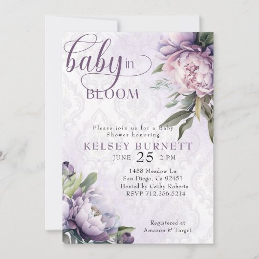 Invitation Né au Baby shower fleuri pourpre de Bloom (Devant)