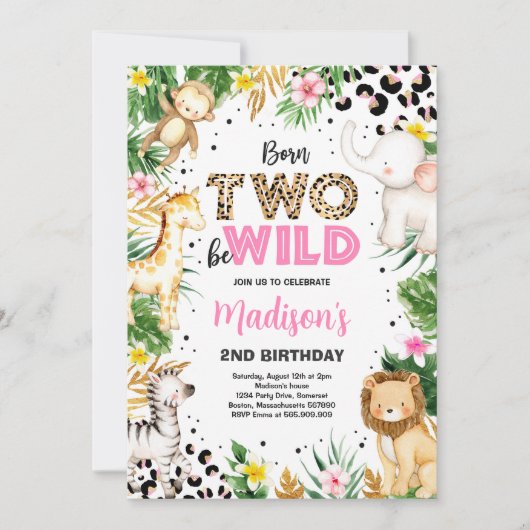 Invitation Né Deux Be Wild Empreinte de léopard Safari 2e ann (Devant)