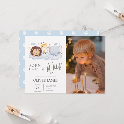 Invitation Né deux être sauvage photo 2e anniversaire (Devant/Arrière en situation)