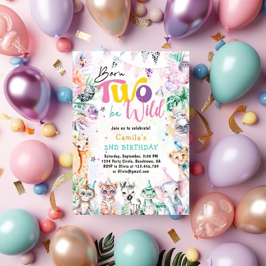 Invitation Né Deux Être Sauvage Safari Tropical Animaux Anniv
