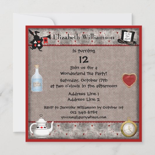 Invitation Ne soyez pas en retard Alice à la fête d'anniversa (Dos)