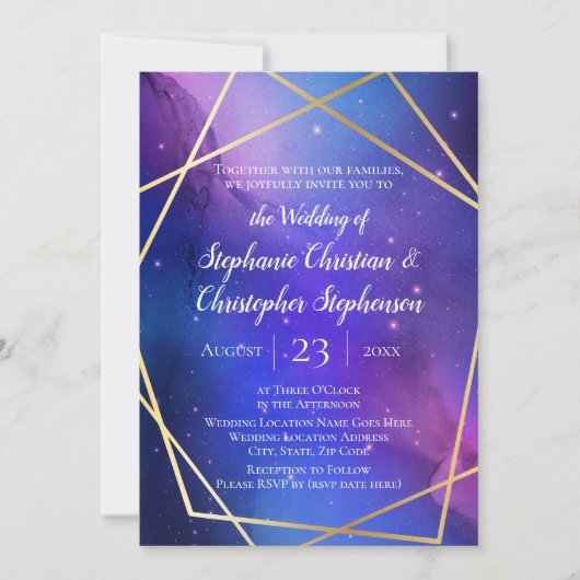 Invitation Nebula violette Art Celestial Mariage d'or géométr (Devant)