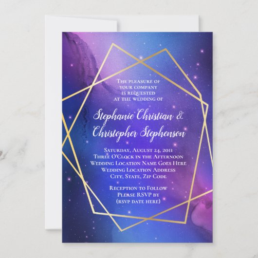 Invitation Nebula violette Art Celestial Mariage d'or géométr (Devant)