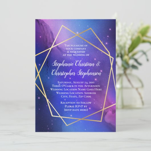 Invitation Nebula violette Art Celestial Mariage d'or géométr (Debout devant)