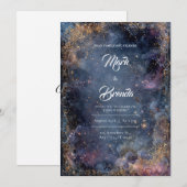 Invitation Nébuleuse Céleste Pailletée Or Mariage Bleu Rose (Devant / Derrière)