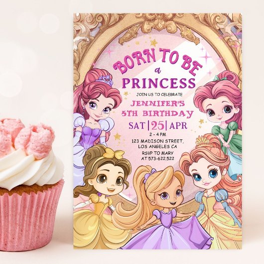 Invitation "Née pour être une princesse" Fille 5e fête d'anni