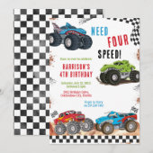 Invitation Need Four Speed Monster Truck Boy 4th Birthday (Devant / Derrière)