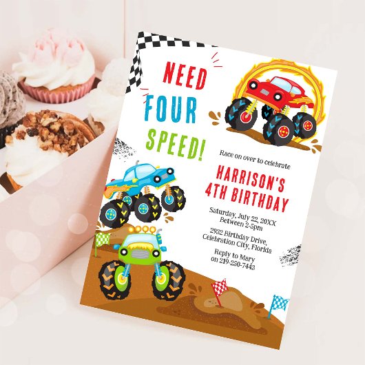 Invitation Need Four Speed Monster Truck Boy 4th Birthday