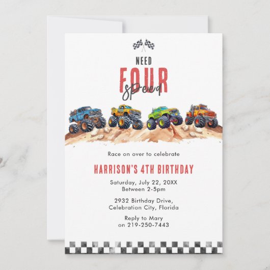 Invitation Need Four Speed Monster Truck Boy 4th Birthday Inv (Devant)