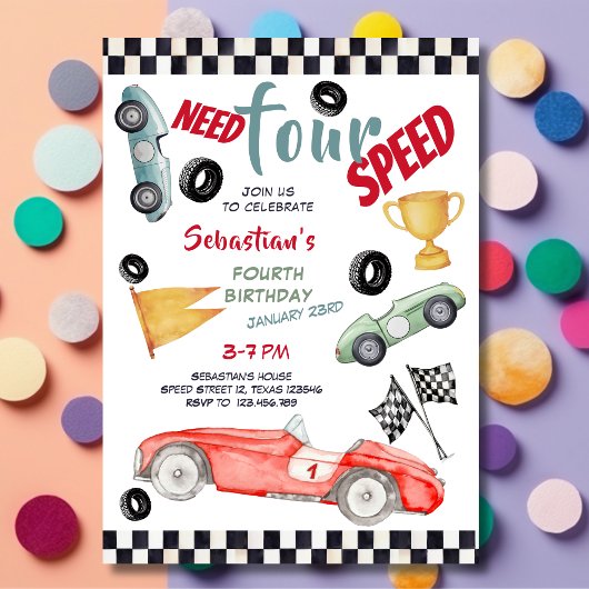 Invitation Need four speed racing car fourth kids birthday