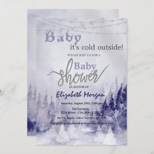 Invitation Neige du paysage hivernal violet (Devant / Derrière)