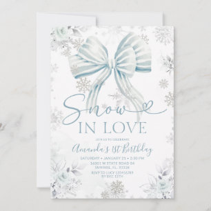 Invitation Neige en amour bleu ruban flocon de neige argenté