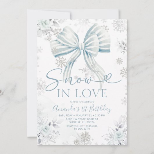 Invitation Neige en amour bleu ruban flocon de neige argenté (Devant)