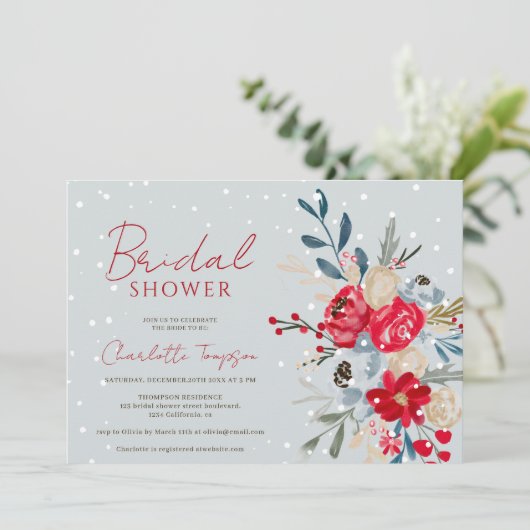 Invitation Neige hiver fleurs de Noël script douche nuptiale (Debout devant)