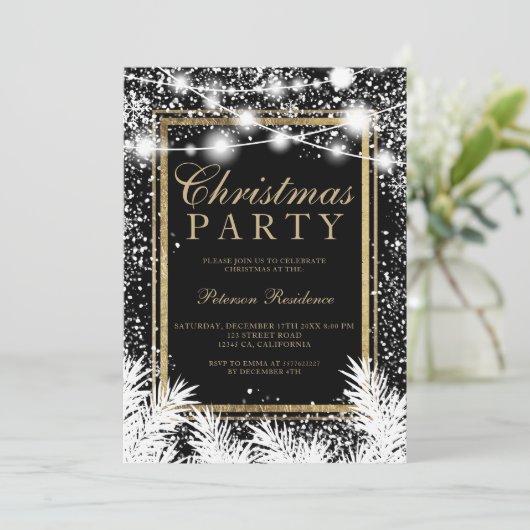 Invitation Neige rustique noir lumières de pin de Noël (Debout devant)
