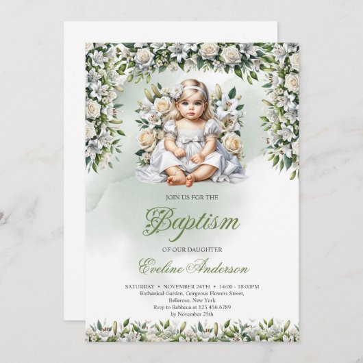 Invitation Nénuphars et fille rose Baptême (Devant / Derrière)