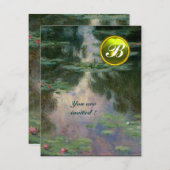 INVITATION NÉNUPHARS /MONOGRAMME EN PIERRE PRÉCIEUSE JAUNE (Devant / Derrière)