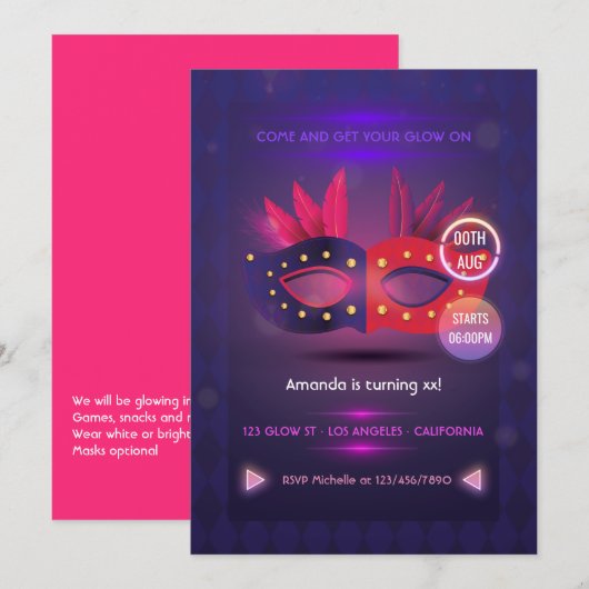 Invitation Neo Masquerade Masque Masque Anniversaire Fête Inv (Devant / Derrière)
