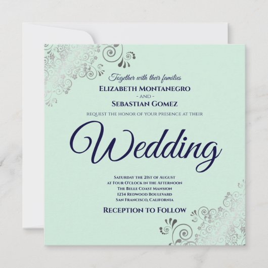 Invitation Neo Mint Green & Navy Blue Elegant Mariage Carré (Devant)